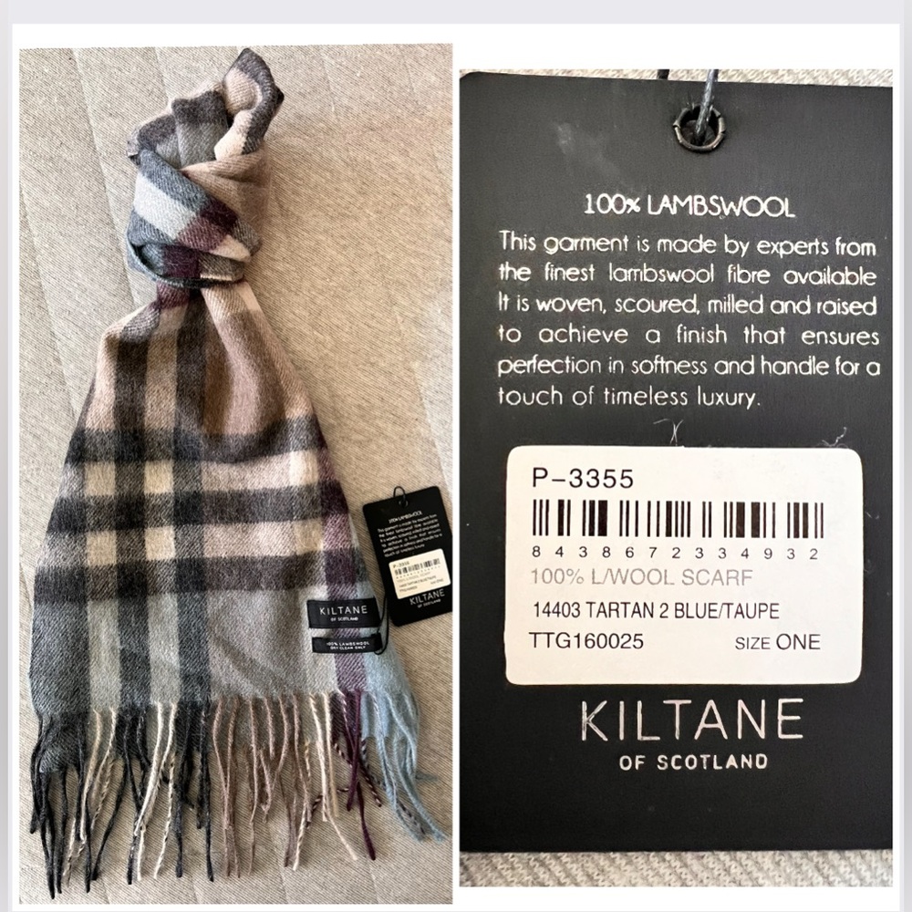 NWT KILTANE Of Scotland 100% Lambs Wool Tartan 2 Blue / Taupe Plaid Scarf
